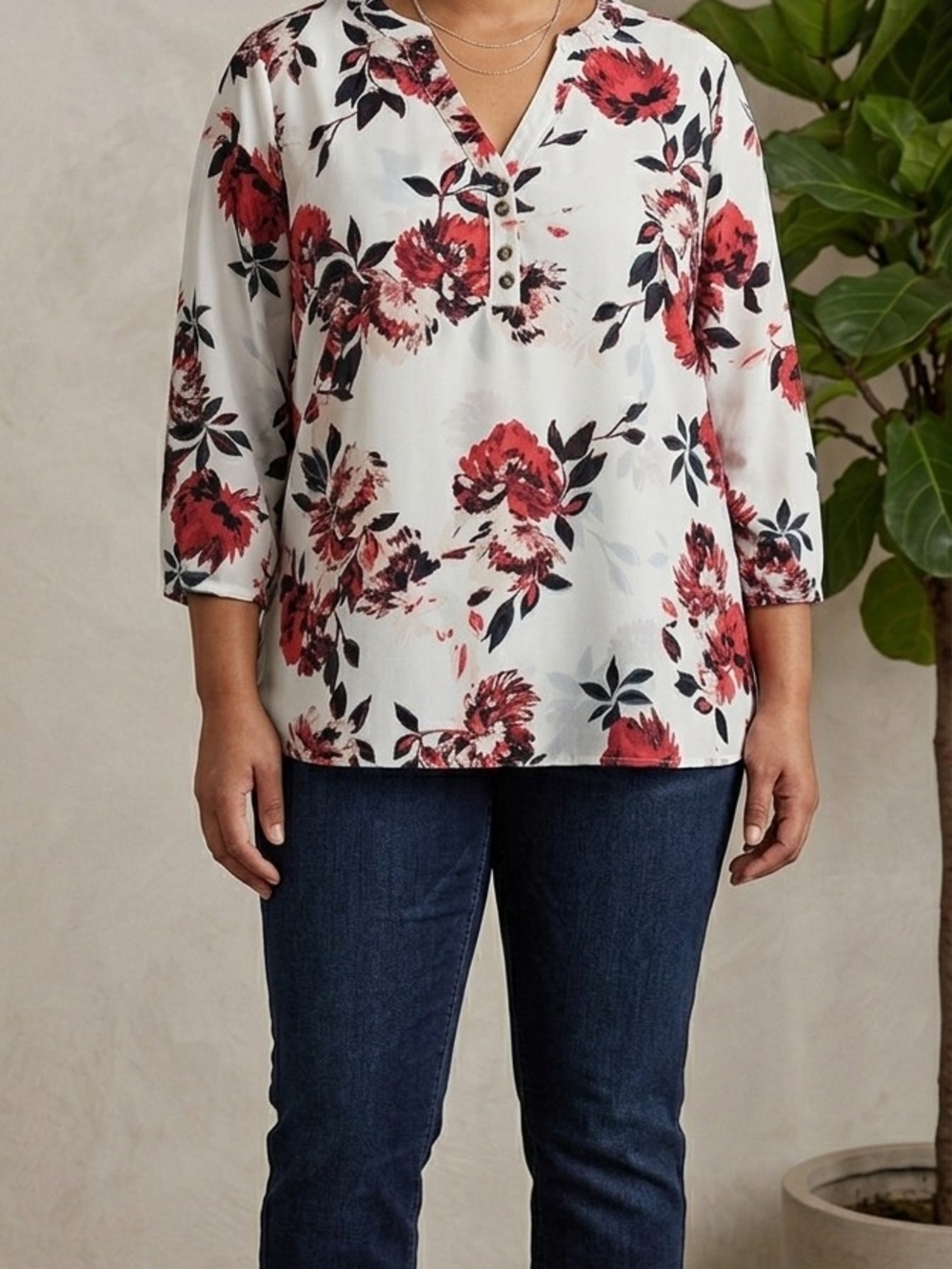 Maurices White Floral Henley Blouse with Red Blooms. Plus Size XXL. WS 100